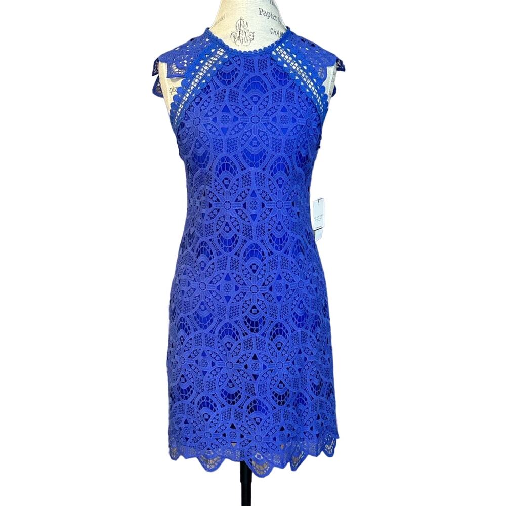 NEW $195 laundry by Shelli Segal geometric lace royal blue knee length dress s 2